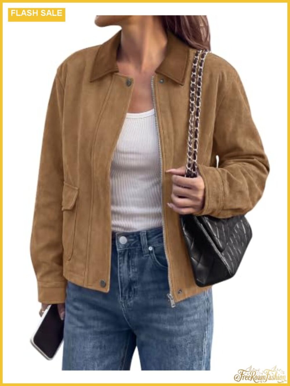Faux Suede Jacket Zip Up Button Down Leather Lapel Utility Pockets Fall